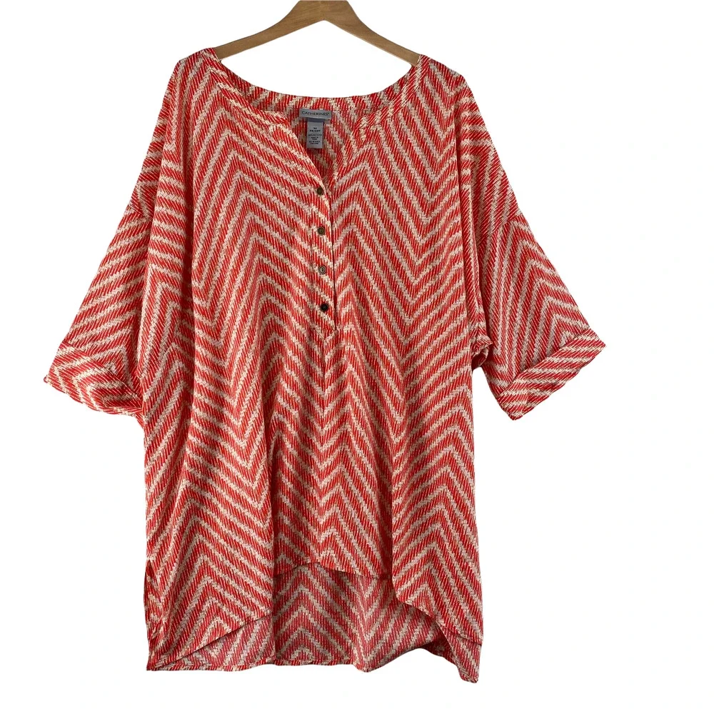 Catherines Henley Tunic Top Womens Plus 3X 26/28W Orange Cream Polyester S/S - Picture 1 of 6